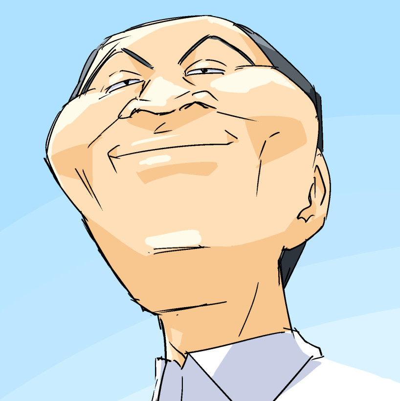 10s, 1boy, black_hair, blue_background, dress_shirt, from_below, kachou_(ojimashu), male_focus, ojisan_to_marshmallow, otoi_rekomaru, portrait, shirt, smile, solo