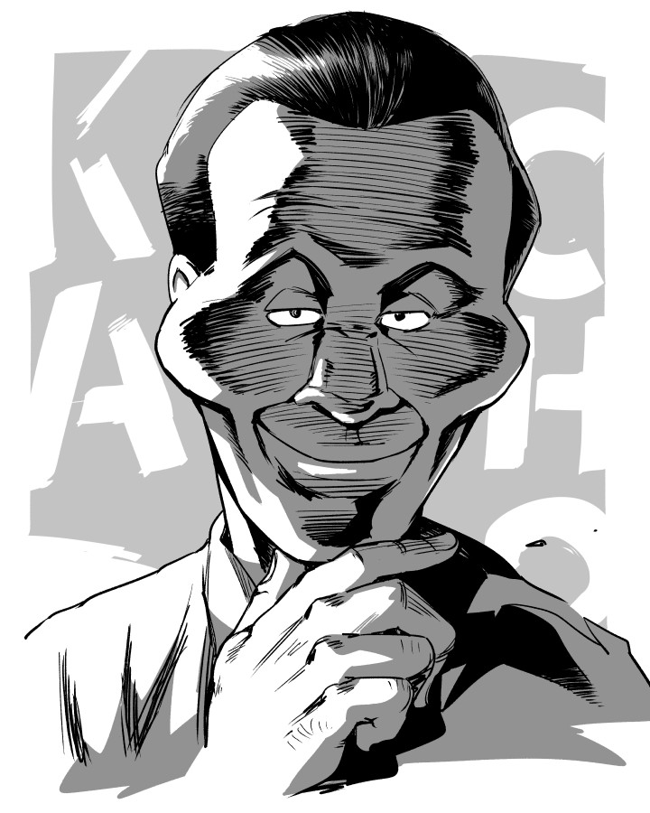 10s, 1boy, character_name, cheekbones, greyscale, hand_on_own_chin, kachou_(ojimashu), looking_at_viewer, male_focus, monochrome, ojisan_to_marshmallow, otoi_rekomaru, smile, solo, stroking_own_chin, upper_body