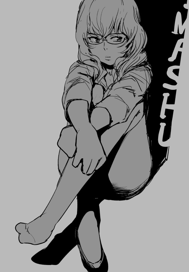 10s, 1girl, copyright_name, female_focus, glasses, greyscale, long_hair, monochrome, mukai_(ojimashu), no_shoes, ojisan_to_marshmallow, otoi_rekomaru, solo