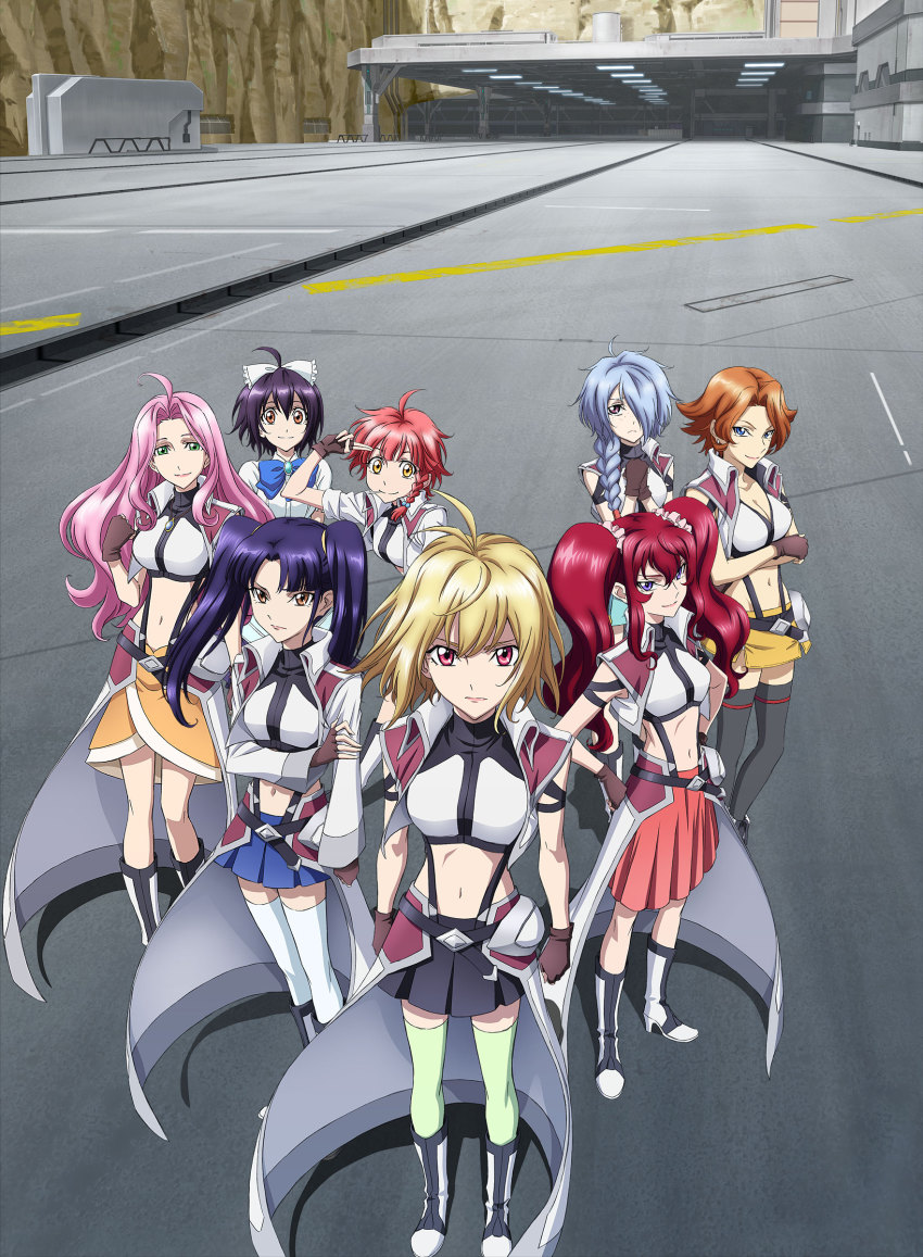 10s, 6+girls, absurdres, ahoge, angelise_ikaruga_misurugi, blonde_hair, blue_hair, boots, braid, breasts, brown_hair, candy, character_request, cheek_pinching, chris_(cross_ange), cleavage, cross_ange, ersha_(cross_ange), green_legwear, hair_over_shoulder, highres, hilda_(cross_ange), lollipop, long_hair, maid, momoka_oginome, multiple_girls, official_art, pinching, pink_hair, purple_eyes, red_eyes, red_hair, rosalie_(cross_ange), salia_(cross_ange), short_hair, single_braid, small_breasts, sunrise_(company), thighhighs, twintails, vivian_(cross_ange), white_legwear, yellow_eyes, zettai_ryouiki