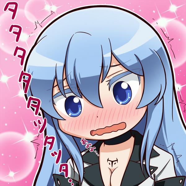 10s, 1girl, akame_ga_kill!, blue_eyes, blue_hair, blush, breasts, chibi, choker, cleavage, colored_eyelashes, esdeath, female_focus, long_hair, matching_hair/eyes, minagi_(gogogo), nose_blush, open_mouth, pink_background, solo, sparkle, trembling, wavy_mouth