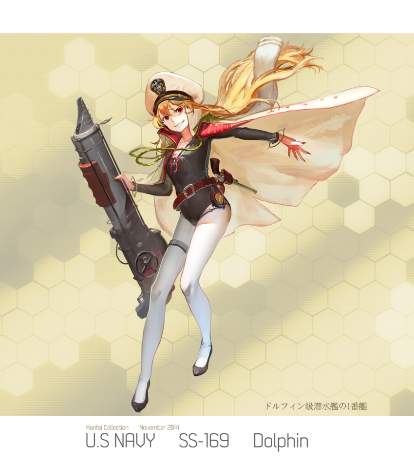 10s, 1girl, blonde_hair, cape, female_focus, gun, handgun, hat, highres, jeanex, kantai_collection, long_hair, mecha_musume, original, pacific_(kancolle), pantyhose, personification, red_eyes, revolver, scarf, single_leg_pantyhose, solo, uss_dolphin_(ss-169), weapon