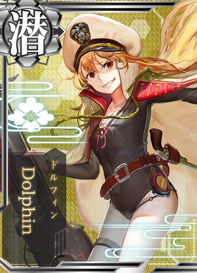 10s, 1girl, blonde_hair, cape, card_(medium), card_parody, egasumi, female_focus, gun, handgun, hat, jeanex, kantai_collection, long_hair, mecha_musume, original, pacific_(kancolle), pantyhose, personification, red_eyes, revolver, scarf, single_leg_pantyhose, solo, thighhighs, uss_dolphin_(ss-169), weapon