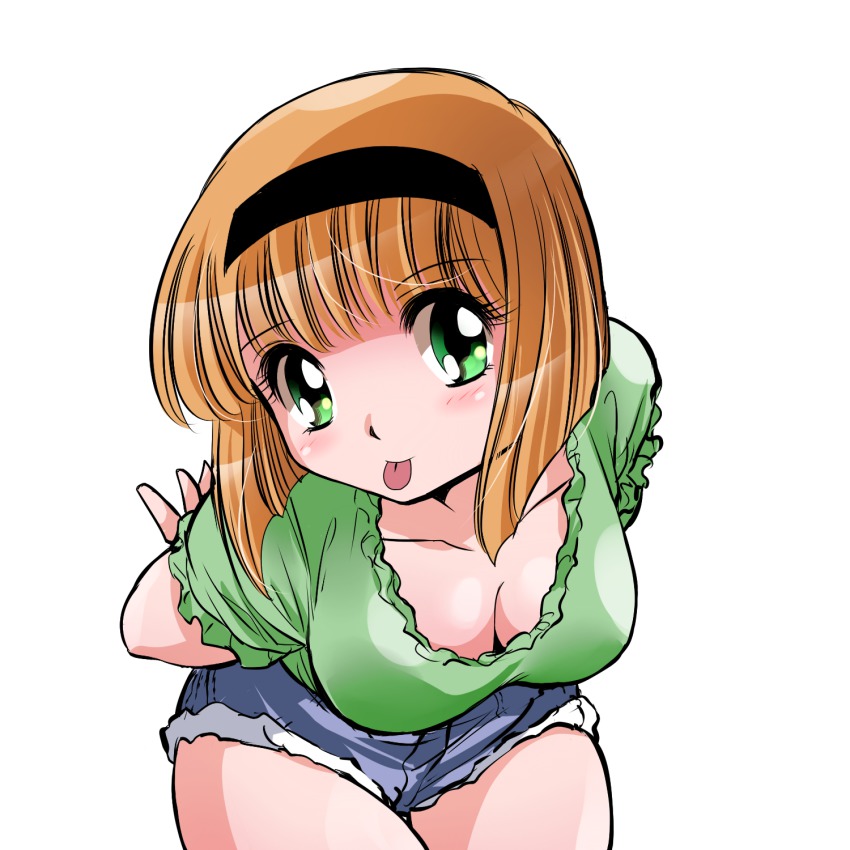1990s_(style), 1girl, :p, arms_behind_back, bent_over, blush, breasts, cleavage, cutoffs, downblouse, female_focus, green_eyes, hairband, highres, hosokawa_miki, jigoku_sensei_nube, large_breasts, looking_at_viewer, orange_hair, retro_artstyle, shirai_sanjirou, short_hair, short_shorts, shorts, simple_background, solo, tongue, tongue_out, white_background