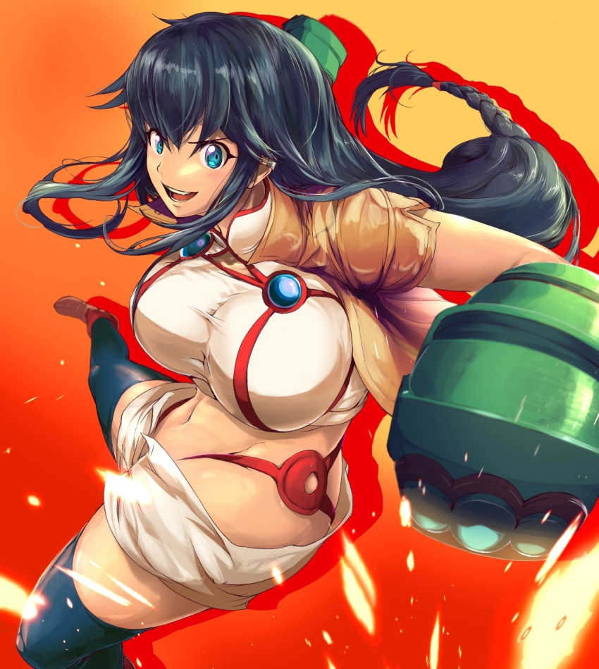 10s, 1girl, bad_anatomy, black_hair, blue_eyes, braid, breasts, crop_top, earrings, female_focus, gauntlets, highres, huge_breasts, impossible_clothes, impossible_shirt, jewelry, kanami_(log_horizon), log_horizon, long_hair, low-braided_long_hair, low-tied_long_hair, md5_mismatch, midriff, navel, outline, pekoneko, shirt, shorts, single_braid, smile, solo, thighhighs, very_long_hair