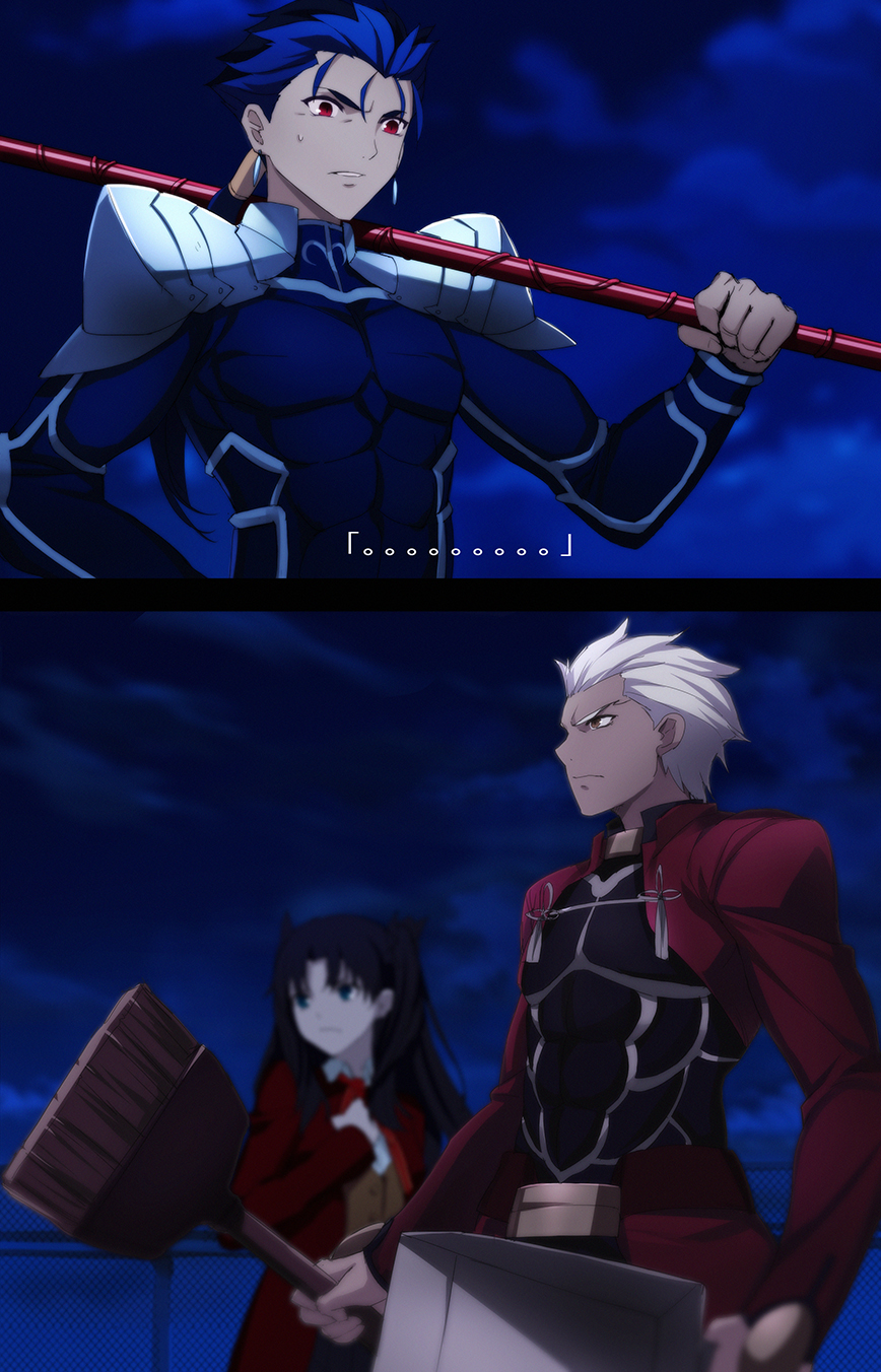 ..., 1girl, 2boys, 2koma, archer_(fate), black_hair, blue_hair, blurry