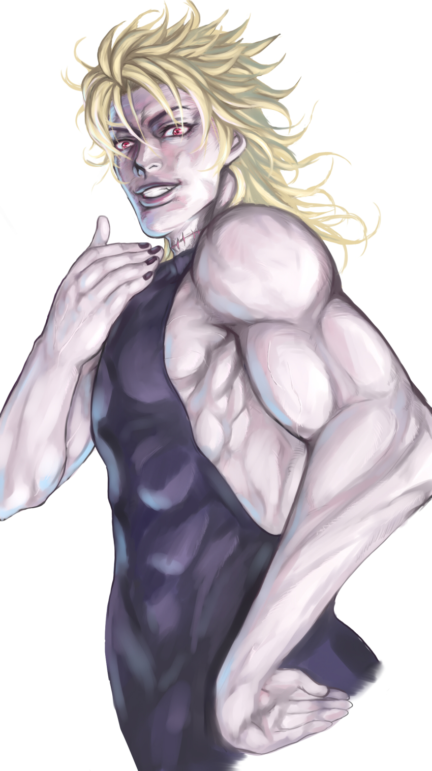 1boy, absurdres, blonde_hair, dio_brando, evil_smile, highres, jojo_no_kimyou_na_bouken, looking_at_viewer