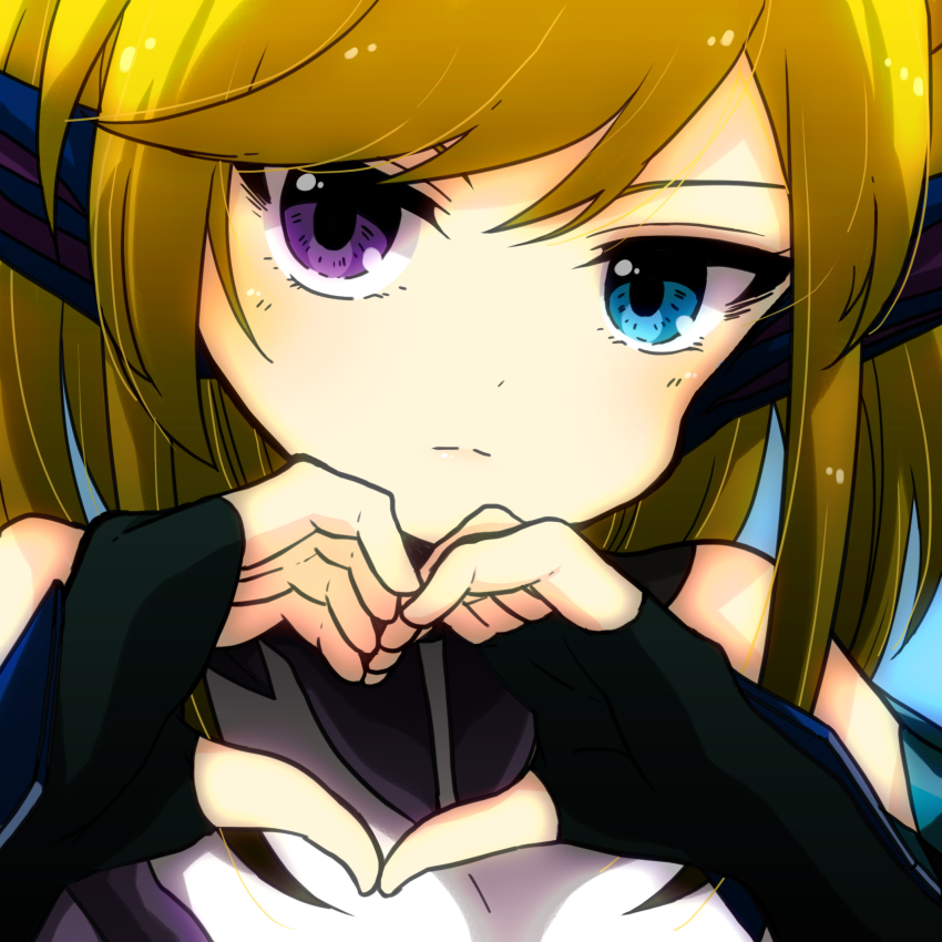 1girl, black_gloves, blonde_hair, blue_background, blue_eyes, blue_sonia_(p&amp;d), blush, dragon_girl, elbow_gloves, female_focus, fingerless_gloves, fins, gloves, head_fins, heart, heart_hands, heterochromia, highres, long_hair, looking_at_viewer, pikomarie, purple_eyes, puzzle_&amp;_dragons, solo, sonia_(p&amp;d), upper_body, vambraces