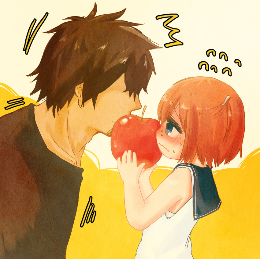 1boy, 1girl, ^^^, apple, blush, denki-gai_no_hon'ya-san, food, fruit