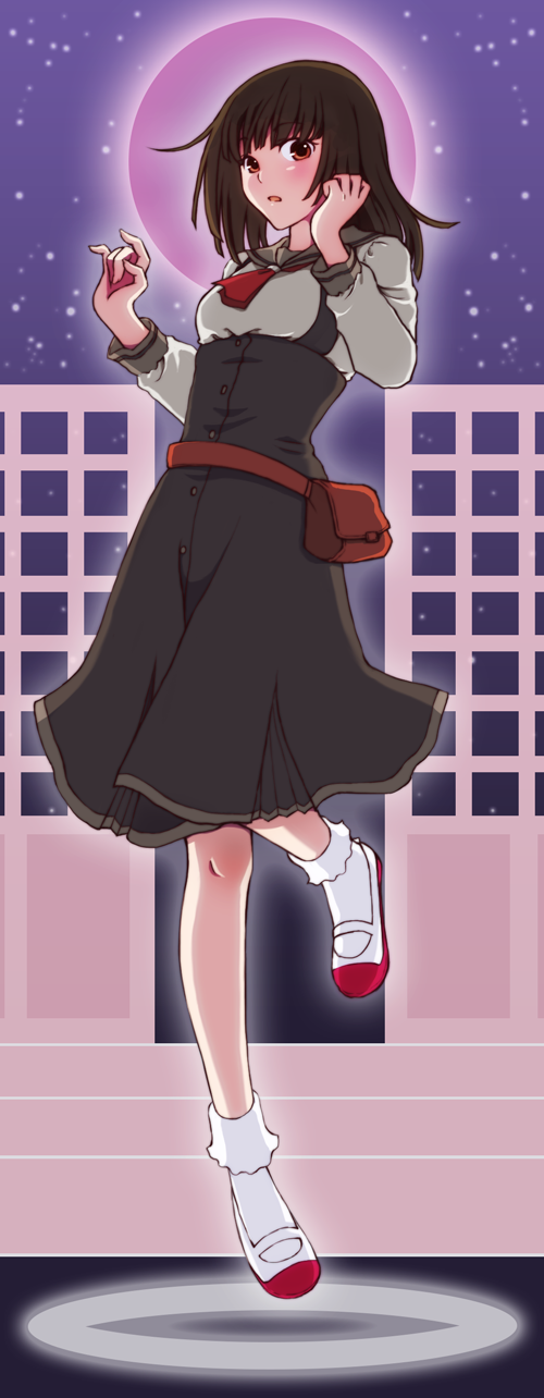 1girl, bakemonogatari, bobby_socks, brown_eyes, brown_hair, highres, karashi_(macaron_times), monogatari_(series), moon, school_uniform, sengoku_nadeko, serafuku, shoes, short_hair, socks, uwabaki