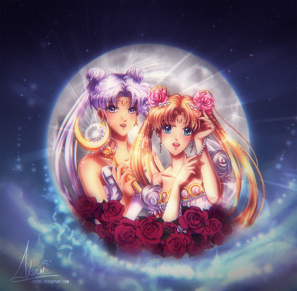 2girls, axsen, bad_id, bad_pixiv_id, bare_shoulders, bishoujo_senshi_sailor_moon, blonde_hair, blue_eyes