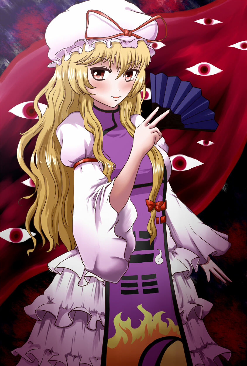 1girl, blonde_hair, dress, folding_fan, gap_(touhou), hand_fan, hat, hat_ribbon