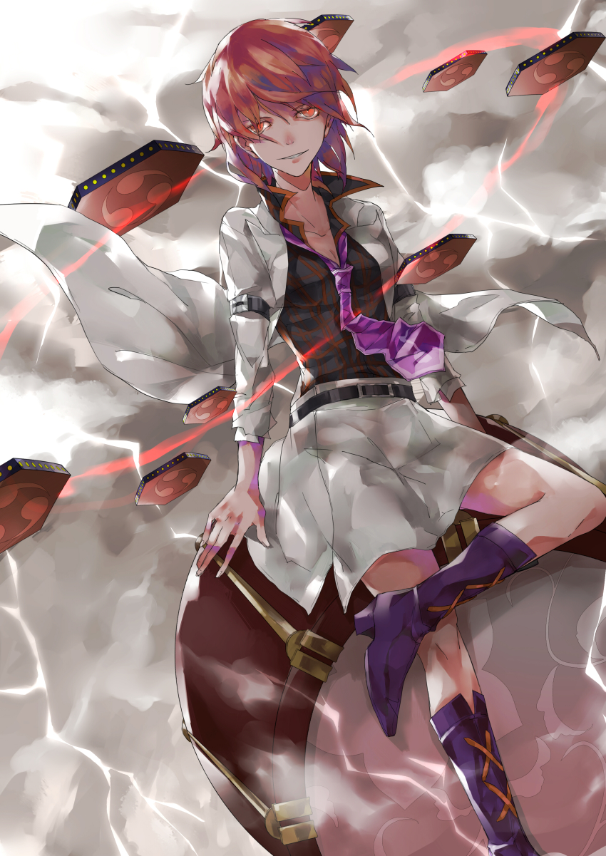 1girl, absurdres, aymmogh, boots, drum, drumsticks, female_focus, grin