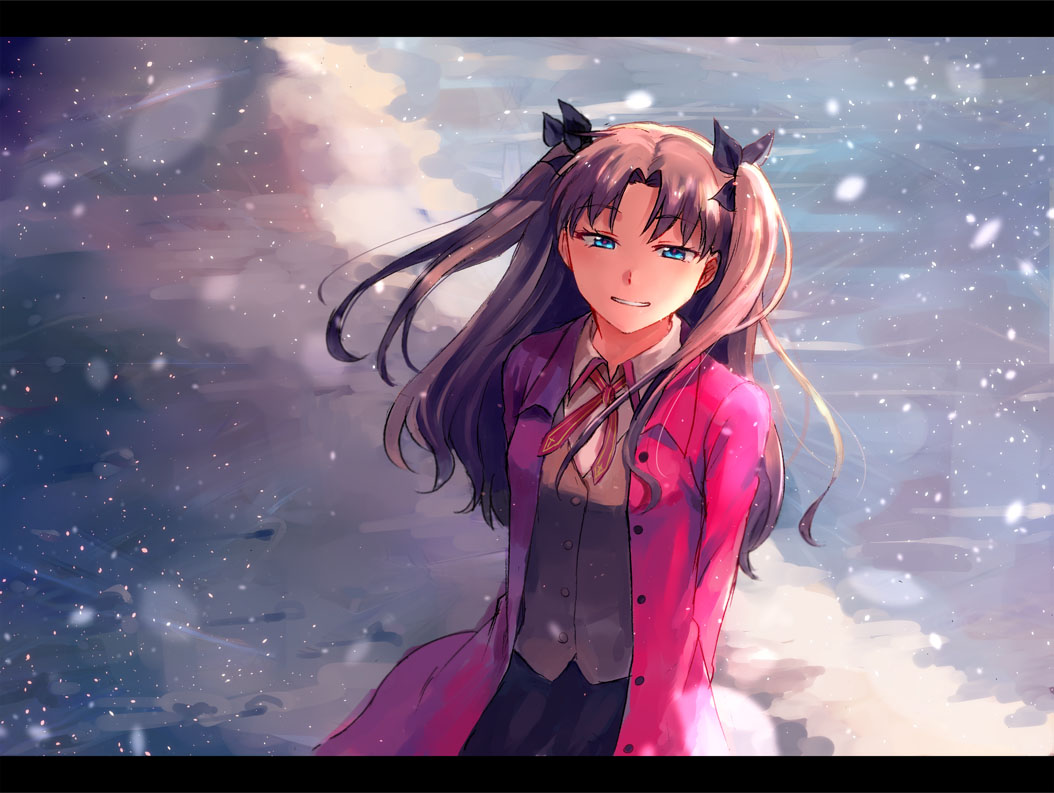 1girl, arms_behind_back, blue_eyes, brown_hair, cloud, coat, fate/stay_night, fate_(series)