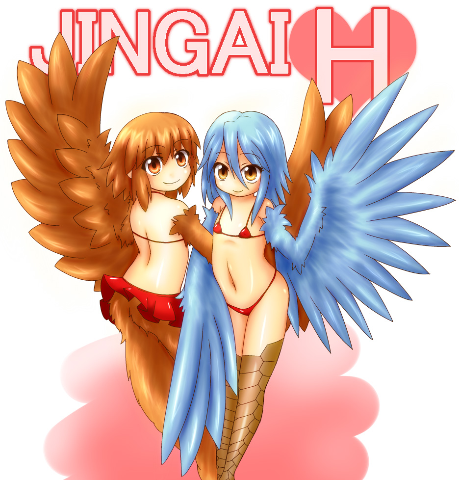 10s, 2girls, bikini, blue_hair, blue_wings, brown_eyes, brown_hair, chii_(neko_musume_michikusa_nikki)