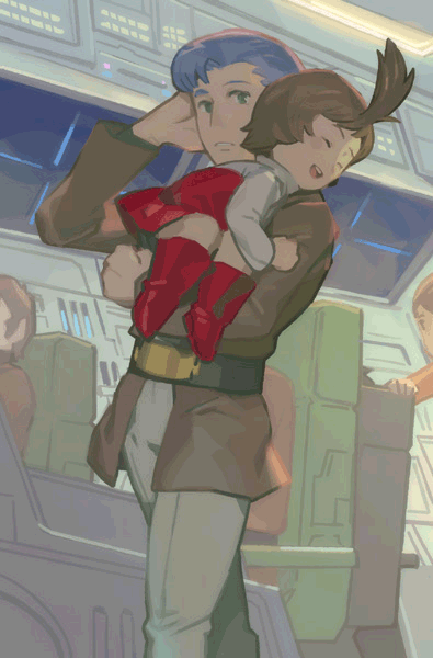 ashura_novak, blue_hair, brown_hair, carrying, child, closed_eyes, densetsu_kyojin_ideon, green_eyes, hatari_naburu, military, military_uniform, sarmat