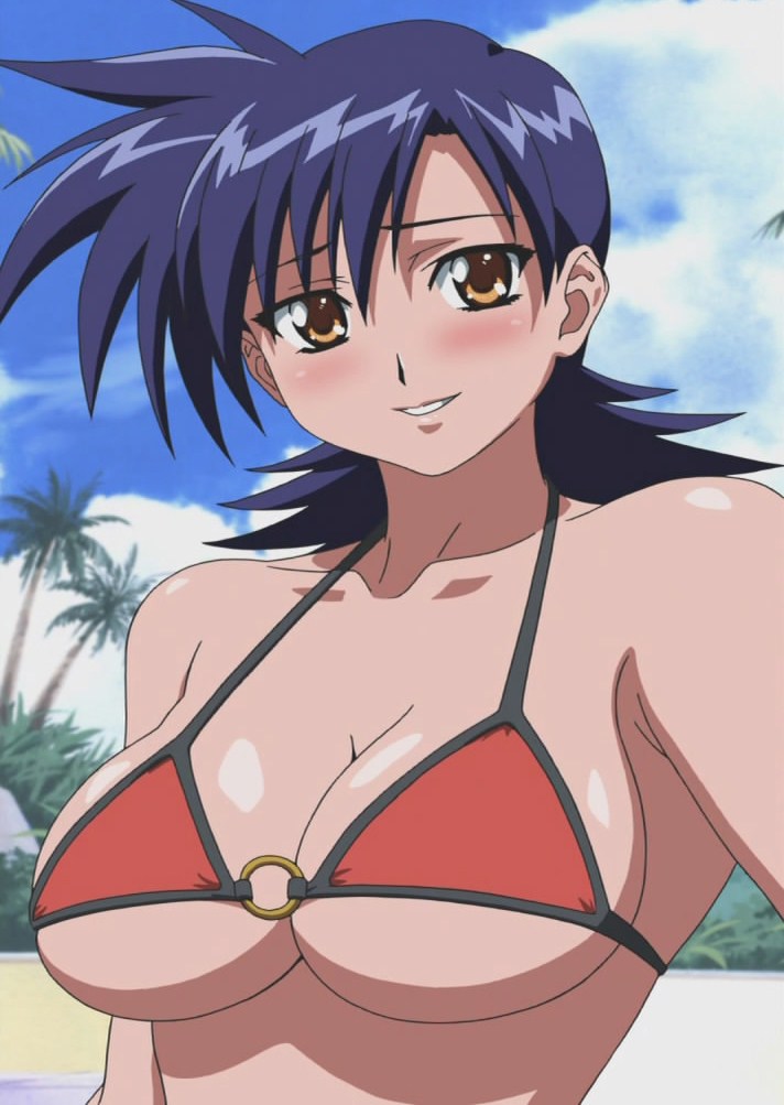 00s, 1girl, akahori_gedou_hour_rabuge, anime_screenshot, bare_shoulders, bikini, blue_hair, blush