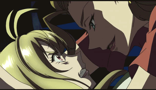 10s, 2girls, angelise_ikaruga_misurugi, animated, animated_gif, blonde_hair, cross_ange, earrings, female_focus, forced, jewelry, kiss, long_hair, lying, multiple_girls, sunrise_(company), yuri, zola_(cross_ange)