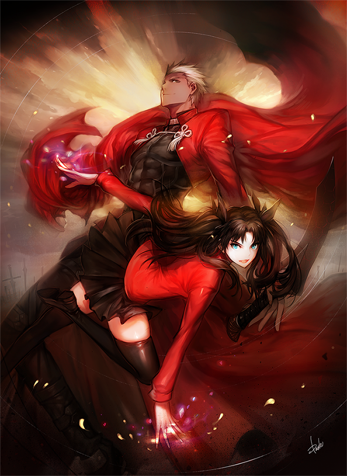 1boy, 1girl, archer_(fate), bad_id, bad_pixiv_id, black_hair, danhu, dark_skin