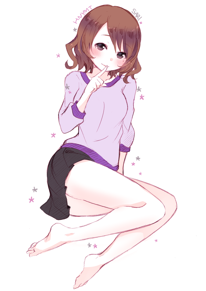 10s, 1girl, barefoot, blush, brown_eyes, brown_hair, female_focus, finger_to_mouth