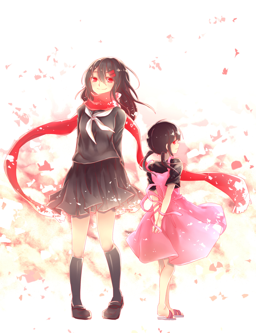 2girls, absurdres, asahina_hiyori, bad_id, bad_pixiv_id, black_hair, enpera, hair_ornament, hairclip, highres, kagerou_project, long_hair, multiple_girls, red_eyes, red_scarf, scarf, school_uniform, serafuku, shuumatsu_(lulux_woodoo), tateyama_ayano, twintails