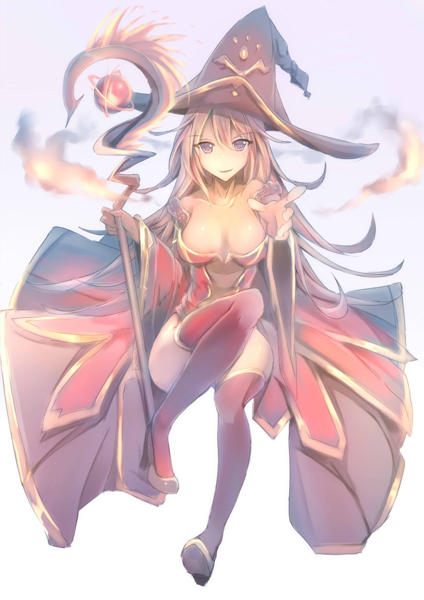 1girl, absurdres, bare_shoulders, detached_sleeves, hat, highres, laila_(p&amp;d), lao_meng, looking_at_viewer, lyra_(p&amp;d), pink_hair, purple_eyes, puzzle_&amp;_dragons, staff, thighhighs, witch_hat