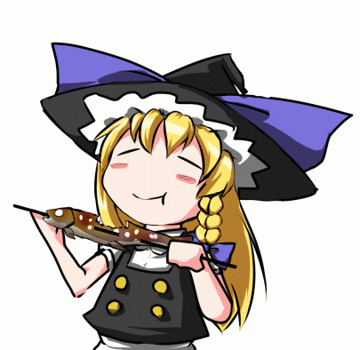 1girl, animated, animated_gif, bad_id, bad_nicoseiga_id, blonde_hair, braid, cookie_(touhou), eating, female_focus, fish, hair_ribbon, hat, kirisame_marisa, koro_(cookie), long_hair, lowres, ribbon, solo, touhou, uzuki_(cookie), witch_hat