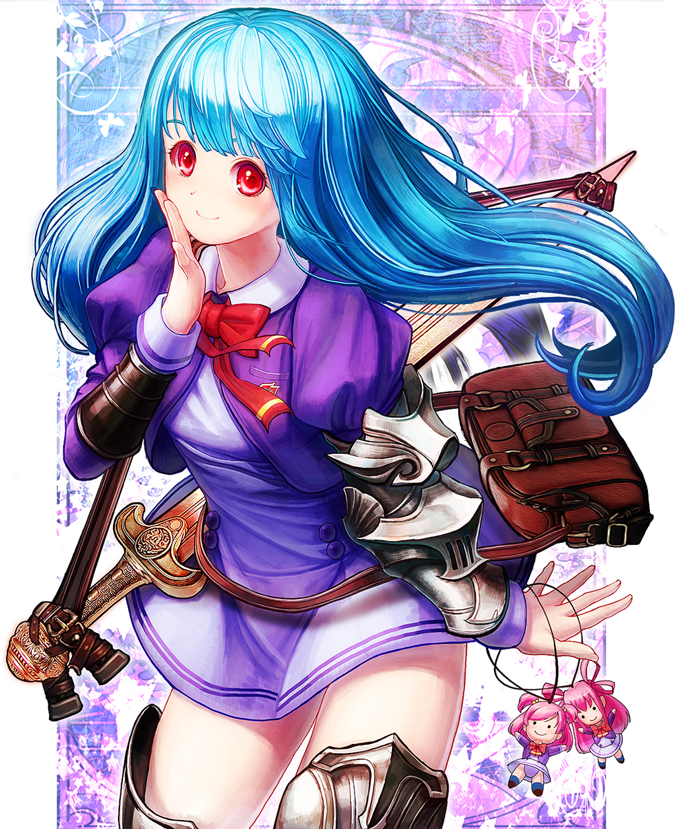00s, 3girls, armor, armored_boots, bag, blazer, blue_hair, boots