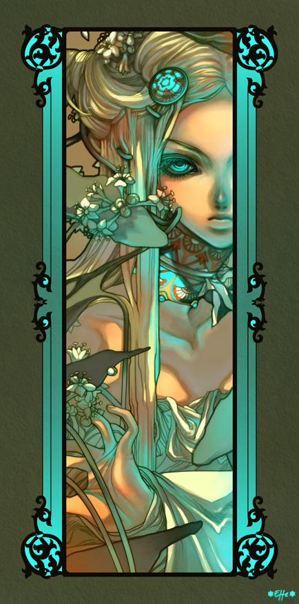 0effe0, blue_eyes, elf, flower, leaf, long_hair, long_image, pointy_ears