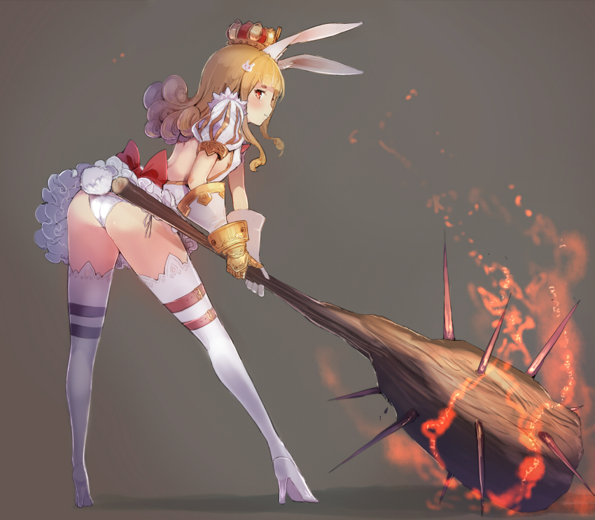 1girl, :3, animal_ears, ass, backless_outfit, bare_back, baseball_bat, blonde_hair