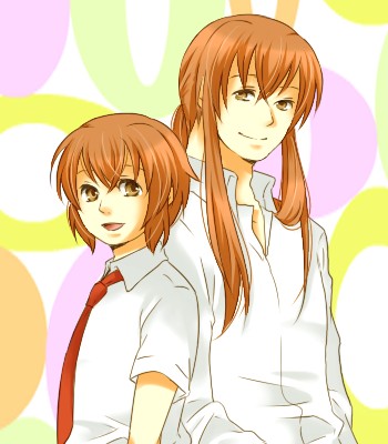 00s, 2boys, asahina_mikuru, asahina_mitsuru, asahina_mitsuru_(adult), brown_hair, dual_persona, genderswap, genderswap_(ftm), long_hair, lowres, male_focus, multiple_boys, necktie, aged_up, red_hair, shirt, suzumiya_haruhi_no_yuuutsu