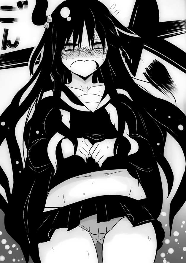 1girl, black_hair, blush, cool-kyou_shinja, female_focus, glasses, greyscale, long_hair, metsuko_ni_yoroshiku, monochrome, panties, school_uniform, serafuku, side_ponytail, solo, toshiura_akiko, underwear, very_long_hair