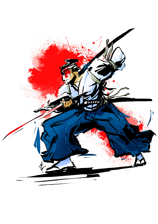 00s, 1boy, amputee, bad_deviantart_id, bad_id, black_hair, blood, blood_splatter, bloody_weapon, blue_hakama, colin_tan, fujiki_gennosuke, full_body, geta, hakama, hakama_pants, japanese_clothes, katana, male_focus, pants, samurai, scabbard, sheath, shigurui, short_hair, solo, sword, tabi, weapon, white_background