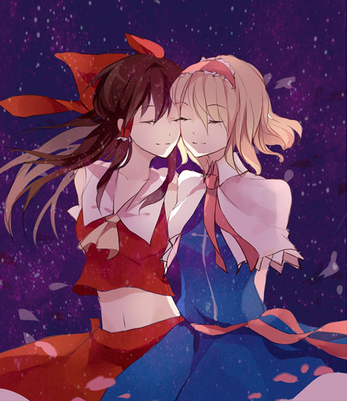 2girls, alice_margatroid, arms_behind_back, ascot, blonde_hair, bow, brown_hair, capelet