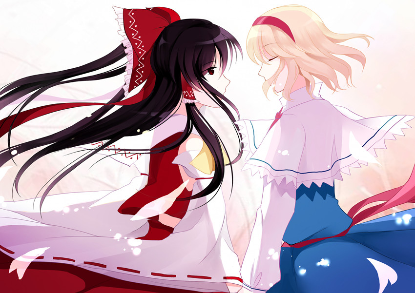 2girls, alice_margatroid, ascot, bad_id, bad_pixiv_id, black_hair, blonde_hair, bow
