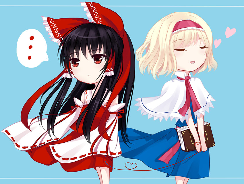 ..., 2girls, alice_margatroid, black_hair, blonde_hair, blue_background, book, bow