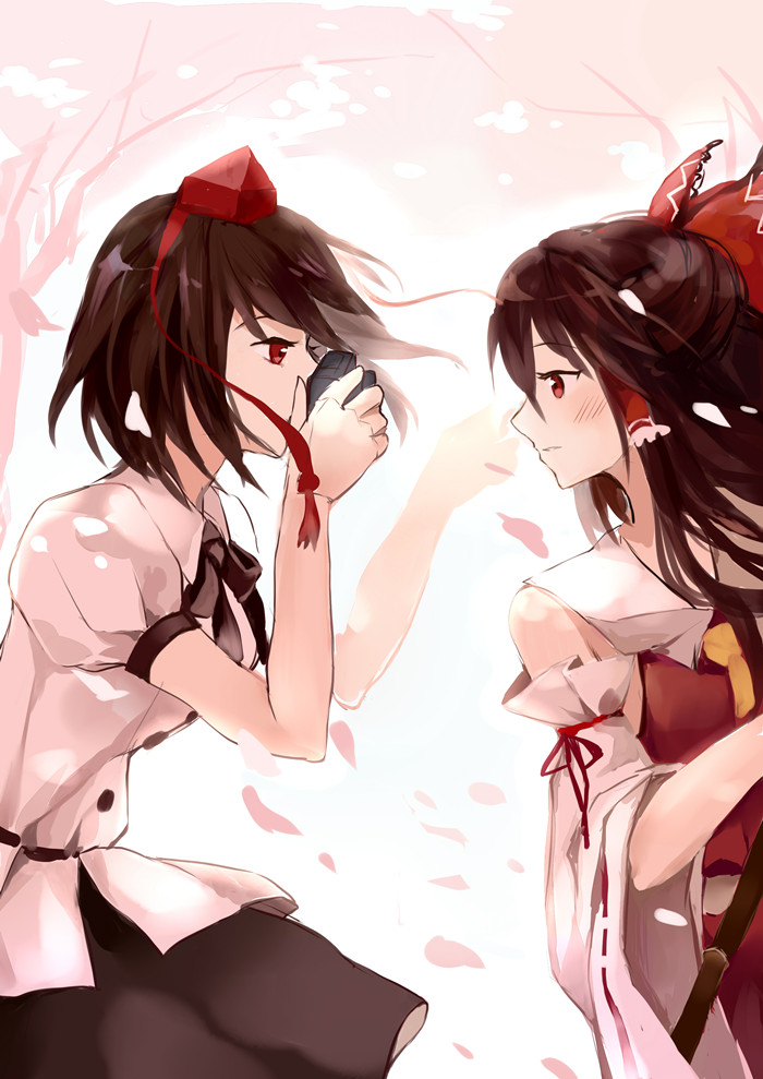 2girls, ascot, bad_id, bad_pixiv_id, bamboo_broom, bow, broom, brown_hair