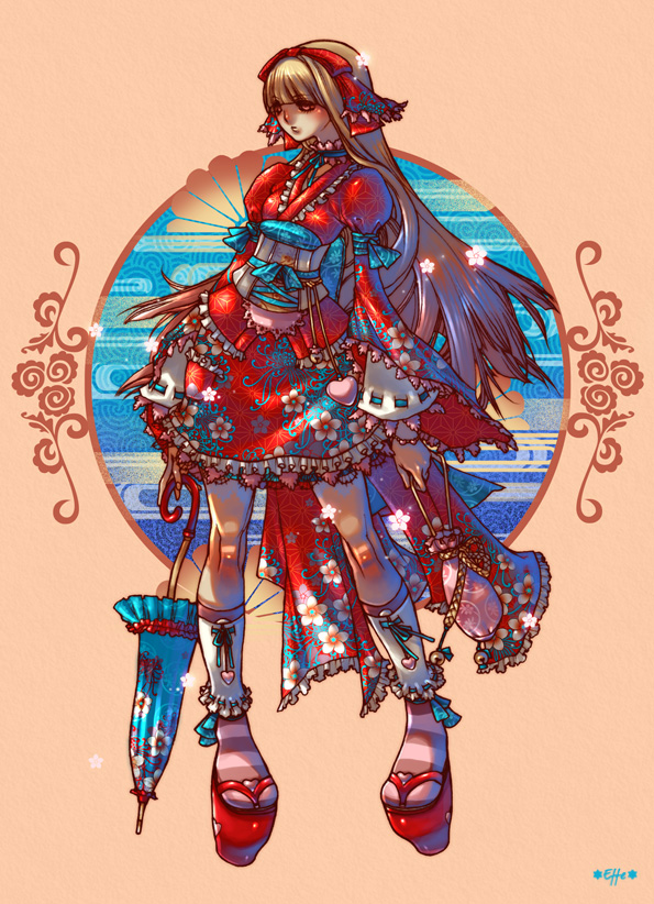 0effe0, 1girl, asa_no_ha_(pattern), dress, egasumi, female_focus, japanese_clothes, long_hair