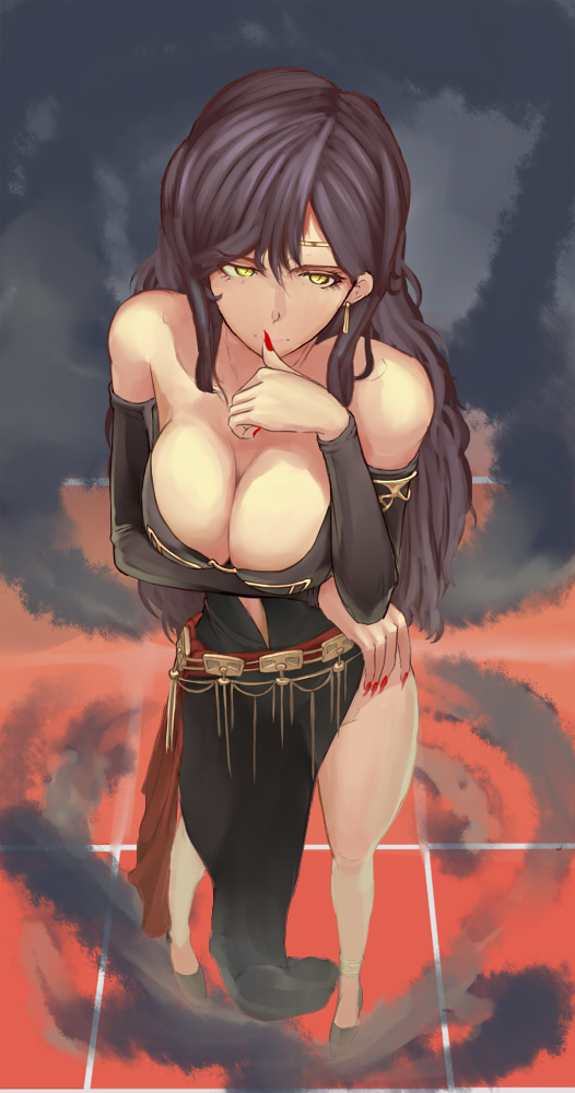 1girl, anklet, bare_shoulders, black_hair, breast_hold, breasts, circlet, cleavage, earrings, female_focus, fingernails, fire_emblem, fire_emblem:_the_blazing_blade, full_body, jewelry, large_breasts, long_fingernails, long_hair, nail_polish, nintendo, nonji_(sayglo_halo), red_nails, side_slit, solo, sonia_(fire_emblem:_the_blazing_blade), thumb_to_mouth, very_long_hair, yellow_eyes