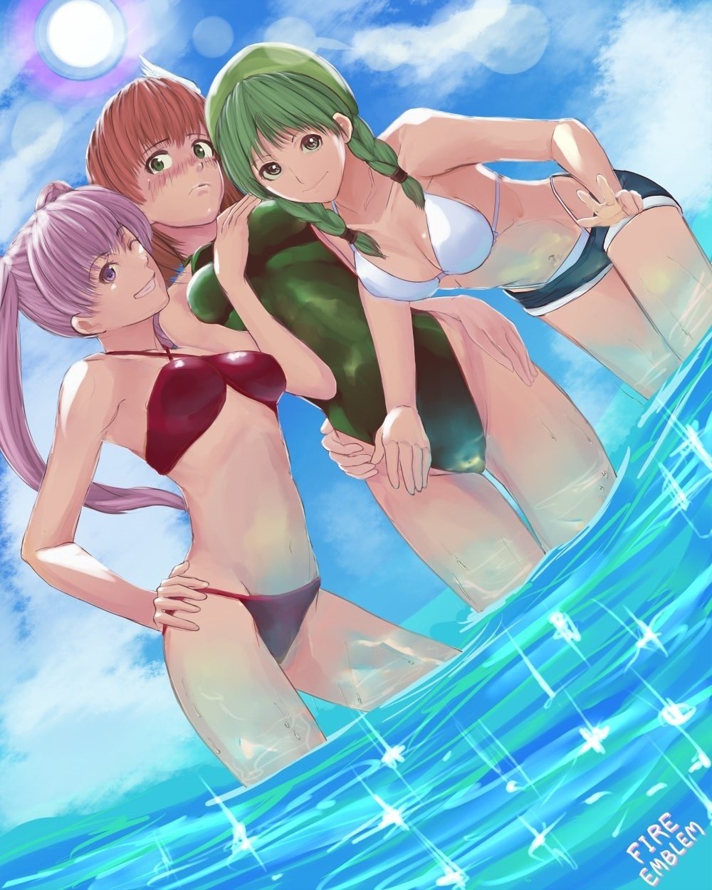 3girls, ;d, bandana, bikini, blush, bob_cut, braid, breasts, copyright_name, criss-cross_halter, day, fire_emblem, fire_emblem:_the_blazing_blade, green_eyes, green_hair, hair_over_shoulder, halterneck, hand_on_own_hip, headscarf, head_wings, highres, in_water, medium_breasts, multiple_girls, navel, nintendo, nonji_(sayglo_halo), one-piece_swimsuit, one_eye_closed, open_mouth, pink_hair, priscilla_(fire_emblem), purple_eyes, rebecca_(fire_emblem), red_hair, serra_(fire_emblem), short_hair, shorts, smile, swimsuit, twin_braids, twintails, wading, wings