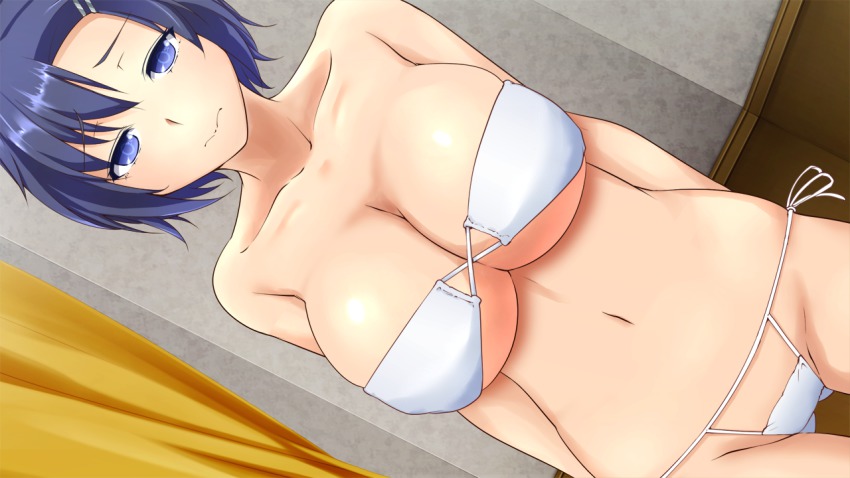 1girl, bikini, blue_eyes, blue_hair, breasts, cleavage, collarbone, curtains, female_focus, game_cg, indoors, large_breasts, looking_at_viewer, matching_hair/eyes, navel, short_hair, side-tie_bikini_bottom, solo, standing, swimsuit, ten'i_(tengoku_hime), tengoku_hime, tomohiro_kai, unicorn-a, white_bikini