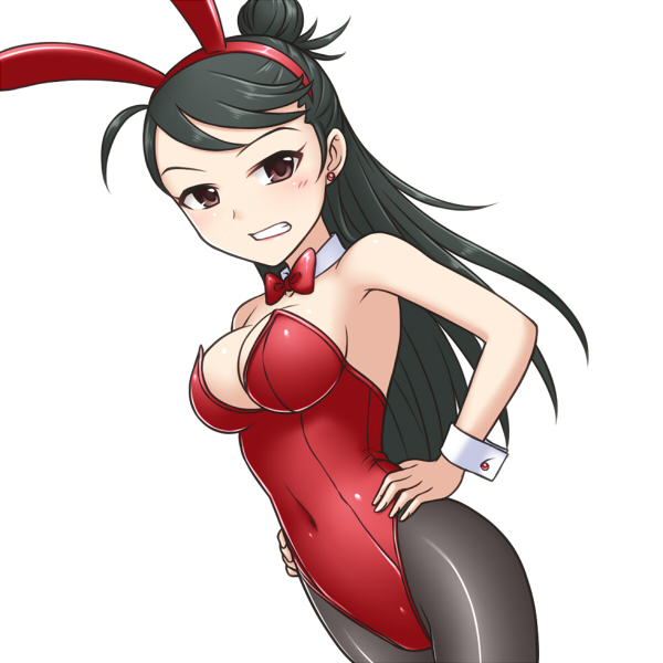 10s, 1girl, animal_ears, black_hair, bow, bowtie, brown_eyes, covered_navel