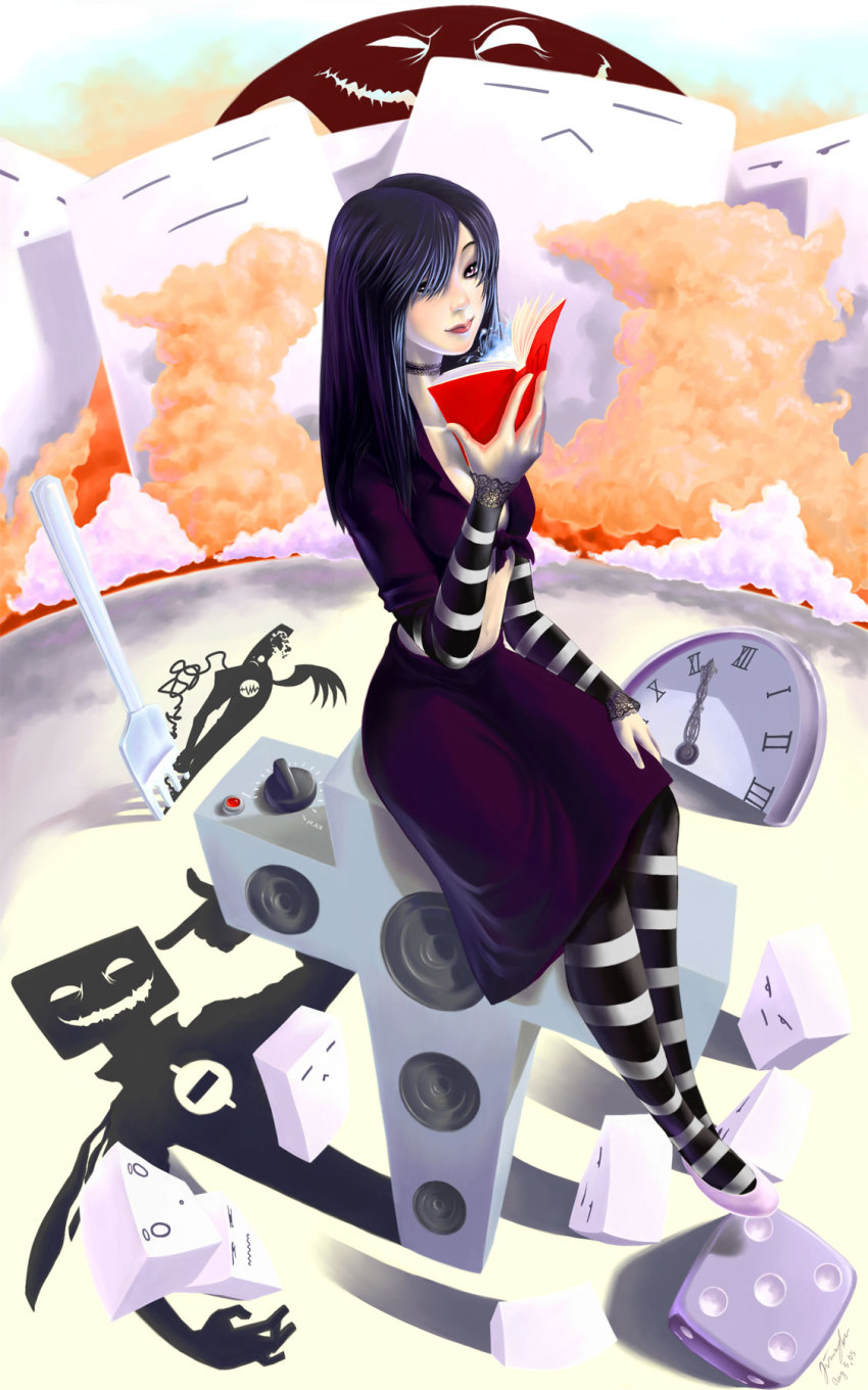 1girl, black_hair, book, clock, dice, female_focus, highres, long_hair, pantyhose, shoes, solo, striped_clothes, striped_pantyhose, subreal