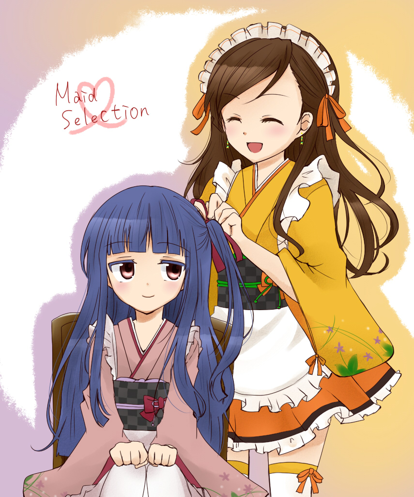10s, 2girls, ^_^, adjusting_hair, blue_hair, brown_hair, closed_eyes, etou_misaki_(idolmaster)