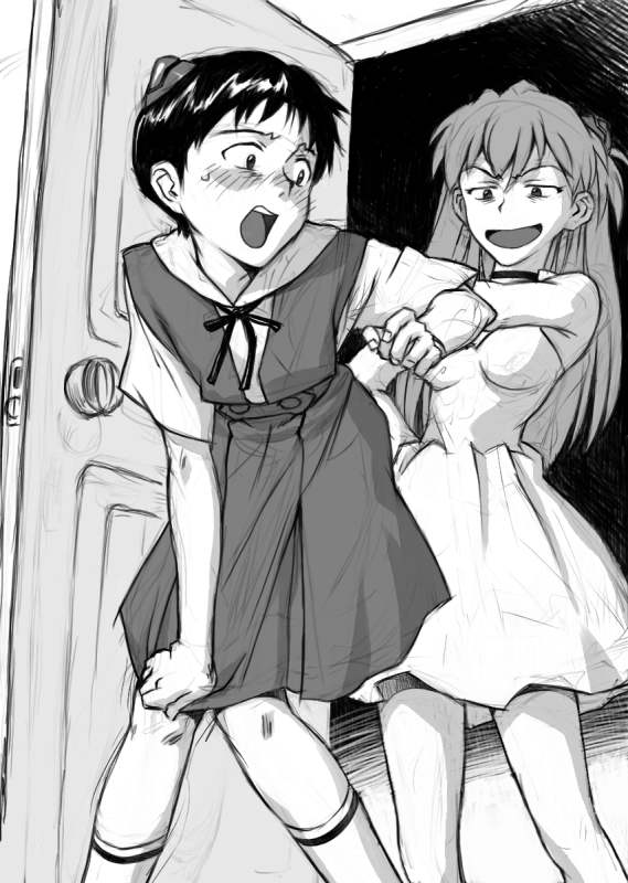 1boy, 1girl, crossdressing, dress, embarrassed, forced_feminization, greyscale, ikari_shinji, monochrome, neon_genesis_evangelion, school_uniform, serafuku, souryuu_asuka_langley, trap