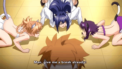 1boy, 3girls, amado_yuuka, animal_ears, animal_print, animated, animated_gif, bear_panties, bear_print, cat_ears, cat_tail, lowres, maken-ki!, multiple_girls, nijou_aki, panties, print_panties, subtitled, tail, takaki_furan, takami_akio, underwear