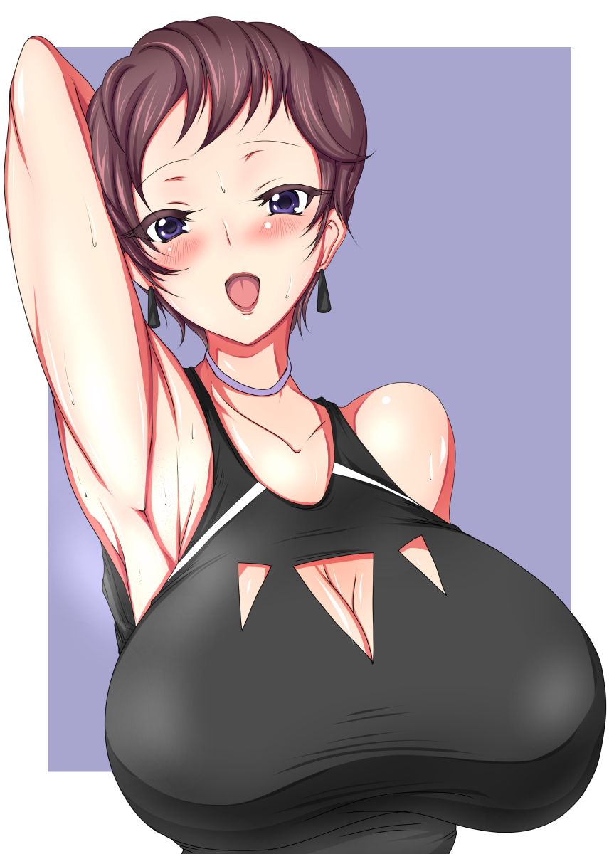 10s, 1girl, aikatsu!, aikatsu!_(series), armpits, bare_shoulders, breasts, brown_hair, choker, cleavage_cutout, clothing_cutout, collarbone, dress, female_focus, highres, huge_breasts, kinokoutarou, lipstick, makeup, open_mouth, purple_eyes, red_lips, short_hair, simple_background, solo, sweat, tongue, upper_body, yumesaki_tiara