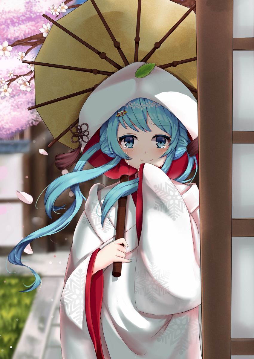 1girl, absurdres, aqua_eyes, aqua_hair, blush, cherry_blossoms, female_focus, hair_ornament