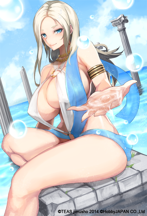 1girl, architecture, armlet, asanuma, bare_shoulders, blonde_hair, blue_eyes, breasts, bubble, center_opening, column, earrings, female_focus, greco-roman_architecture, greek_mythology, hoop_earrings, huge_breasts, jewelry, long_hair, looking_at_viewer, moeru!_girisha_shinwa_no_megami_jiten, moeru!_jiten, official_art, outstretched_hand, pillar, sideboob, sitting, smile, solo, tethys_(mythology), thighs, water