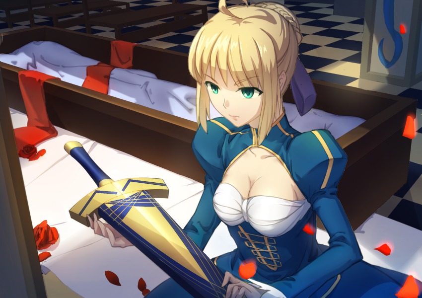 1girl, ahoge, artoria_pendragon_(fate), avalon_(fate), blonde_hair, breasts, canzhajiang, cleavage